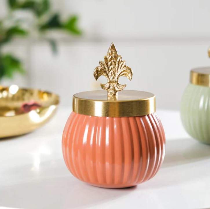 Brass Metal Lining Decorative Pink and Green Jar with Stylish Gold Knob Set of 2